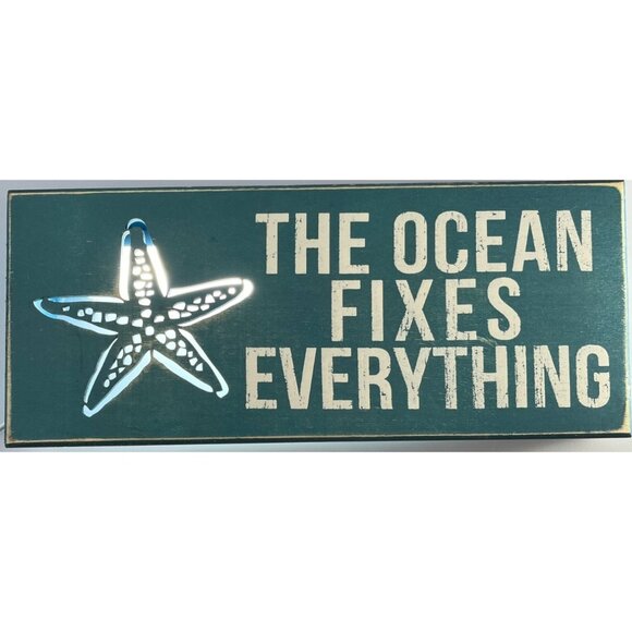 Rustic Water Blue Wooden Block Sign Starfish Cutout "The Ocean Fixes Everything" - Picture 2 of 8